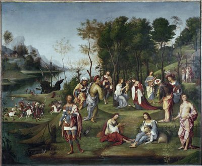 イザベラ・デステの愛の寓話または宮廷の寓話（テンペラ、油彩、カンヴァス、1505年頃 作： Lorenzo Costa