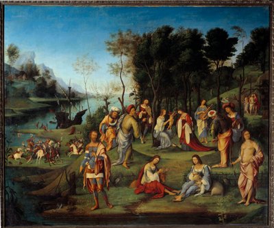 イザベル・デステ（1474-1539）の宮廷のアレゴリー 楽園における芸術の調和と平和を表現した場面。ロレンツォ・コスタ（1460-1535）による絵画 16世紀 日1,64x1,97 m 作： Lorenzo Costa