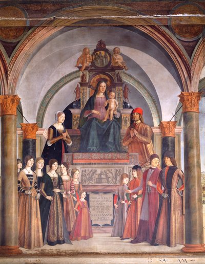 聖母子と天使たち、ロレンツォ コスタ (ca 1537-1583) 作、サン ジャコモ マッジョーレ教会、ボローニャ、イタリアのベンティヴォーリオ礼拝堂 作： Lorenzo Costa