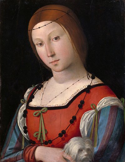 愛玩犬を連れた貴婦人の肖像 作： Lorenzo Costa