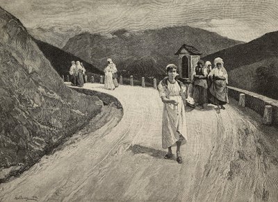 聖なる道、パスに沿って歩く女性の巡礼者、ブレラ、ユナイテッドエクスポジション、ミラノ、イタリア、L