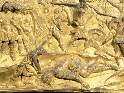 ダビデとゴリアテ、洗礼堂の東の扉、1425-52（金色のブロンズ）（復元後）のオリジナルパネルの詳細 作： Lorenzo Ghiberti