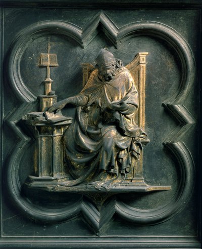 北ポーチ（Porte de la Croix、北と呼ばれる）、外観詳細。聖アンブローズ。ロレンツォ・ギベルティ（1378-1455）によるブロンズ彫刻 作： Lorenzo Ghiberti