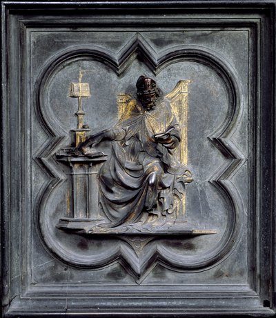 聖アンブローズ、サンジョヴァンニ洗礼堂の北のドアのパネルE、1403-24（ブロンズ） 作： Lorenzo Ghiberti
