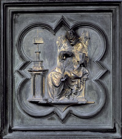 聖オーガスティン、サンジョヴァンニ洗礼堂北扉のパネルH、1403-24年（青銅） 作： Lorenzo Ghiberti