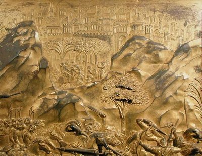 ダビデとゴリアテの物語」（洗礼堂東扉のオリジナルパネルの背景詳細 作： Lorenzo Ghiberti