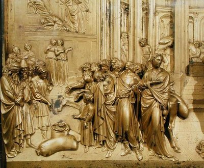 ヨセフの物語、銀の杯の発見の詳細（洗礼堂東扉のオリジナルパネルより 作： Lorenzo Ghiberti