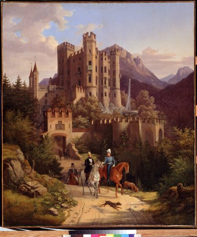 Le prince couronne Maximilien a cheval, Hohenschwangau (ホーエンシュヴァンガウに乗っているマクシミリアン皇太子)。 バイエルン (ドイツ) のホーエンシュヴァンガウ城の前でバイエルンのマクシミリアン 2 世 (1811-1864)。 ロレンツォ II クアリオ (1793-1869) の絵画 作： Lorenzo II Quaglio