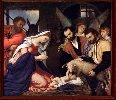羊飼いたちの礼拝 幼いイエスが羊と戯れる - 油彩・キャンバス 作： Lorenzo Lotto