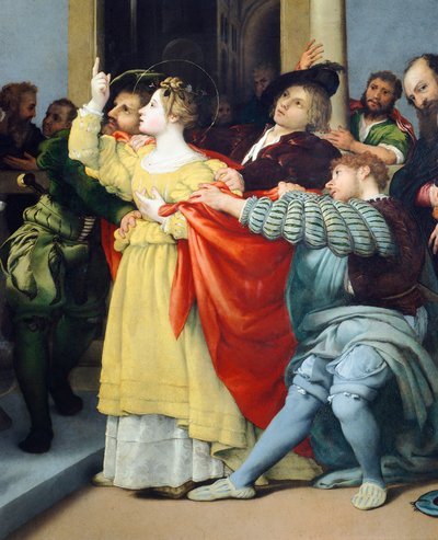 聖ルシアの祭壇画」または「判事の前の聖ルシア」。 作： Lorenzo Lotto