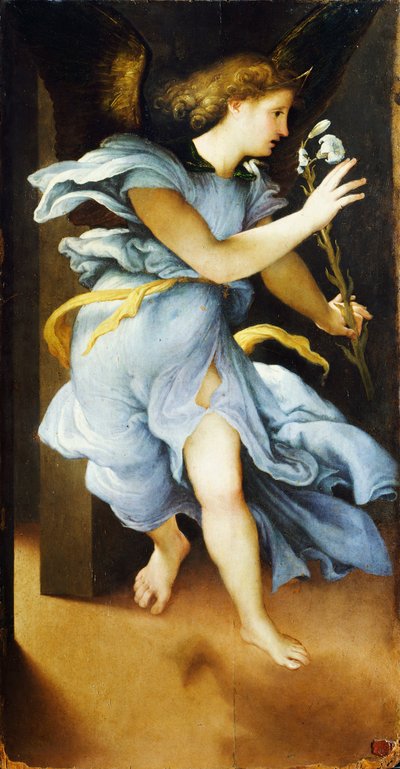 発表する天使」 ロレンツォ・ロット（1480 ca- 1556）作 1525年頃 パネルに油彩 82x42 cm 作： Lorenzo Lotto