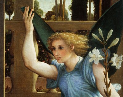 告げ口する天使、受胎告知からの部分、1434年頃、ロレンツォ・ロット（1480-1556）作、油彩・キャンバス 作： Lorenzo Lotto