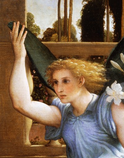 告げ口する天使、受胎告知からの部分、1434年頃、ロレンツォ・ロット（1480-1556）作、油彩・キャンバス 作： Lorenzo Lotto