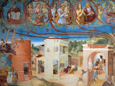 ロレンツォ・ロット（1480年頃～1556年）作「キリストの木と聖バルバラの伝説」フレスコ画、細部、スアルディ荘、スアルディ邸カペラ、トレスコーレ・バルネアリオ 作： Lorenzo Lotto