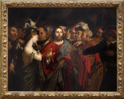 キリストと姦淫の女ロレンツォ・ロット（1480-1556）の絵画、油彩・キャンバス 作： Lorenzo Lotto