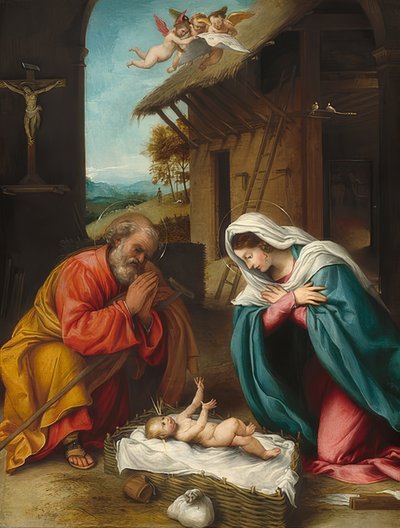 キリストの誕生。 1523年 作： Lorenzo Lotto