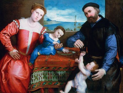 「ジョヴァンニ・デッラ・ヴォルタと妻と子供たち」、c1547 作： Lorenzo Lotto