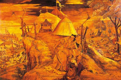 ロレンツォ・ロットがデザインした象嵌「ジュディスとホロフェルネス 作： Lorenzo Lotto