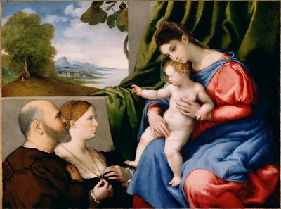 マドンナと2人のドナーを持つ子供 作： Lorenzo Lotto