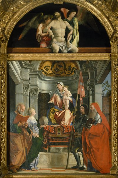 ロレンツォ・ロット（1480年頃～1556年）の「聖母と聖人」、油彩・キャンバス 作： Lorenzo Lotto