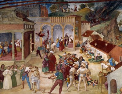 聖バーバラの殉教、「聖バーバラの物語」のフレスコ画の詳細 作： Lorenzo Lotto
