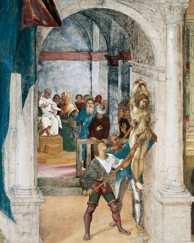 聖バーバラの殉教、ロレンツォ・ロット作「キリスト・ヴァインと聖バーバラの伝説」の詳細（1480～1556年頃）、フレスコ画、詳細、ヴィラ・スアルディ、カペラ・スアルディ、トレスコア・バルネアリオ 作： Lorenzo Lotto