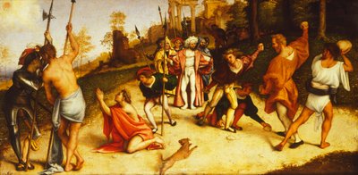 聖シュテファンの殉教、ロレンツォ・ロットによるマルティネンゴの祭壇画の分割 (1480 年頃 - 1556 年)、パネルに油彩、51x97 cm、1516 年頃 作： Lorenzo Lotto