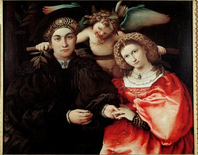 マスター・マルシリオ（マルシリオ・カソッティ）とその妻（ファウスティナ） 木に油彩 ロレンツォ・ロット（約1480-1556） 1523年 薄暗い。71x84 cm Madrid, Musee du Prado- マルシリオ・カソッティとその妻ファウスティナの肖像画。ロレンツォ・ロト（1480-1556）による絵画。木に油彩、71 作： Lorenzo Lotto