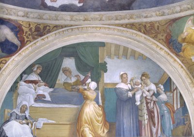 聖母のキリスト降誕、ロット・チャペルのルネット、1525 作： Lorenzo Lotto