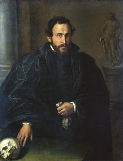 頭蓋骨を持つ男の肖像、1545年頃 作： Lorenzo Lotto
