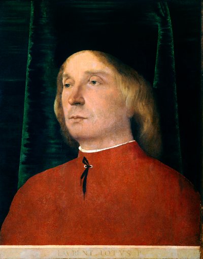 ロレンツォ・ロット（1480年頃～1556年）の「赤い服を着た青年の肖像」、パネルに油彩、40x32cm 作： Lorenzo Lotto