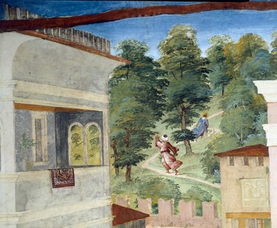 森の中を追われる聖バルバラ、ロレンツォ・ロット（1480年頃～1556年）作「キリストの木と聖バルバラの伝説」、フレスコ画、詳細 ヴィッラ・スアルディ、スアルディ礼拝堂、トレスコーレ・バルネアリオ、イタリア 作： Lorenzo Lotto