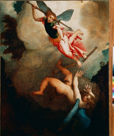 ルシファーを狩る聖ミカエル ロレンツォ・ロット（1480-1556）の絵 1551-1555日167x135 cm ロレート、パラッツォ・アポストリコ（Palazzo Apostolico 作： Lorenzo Lotto