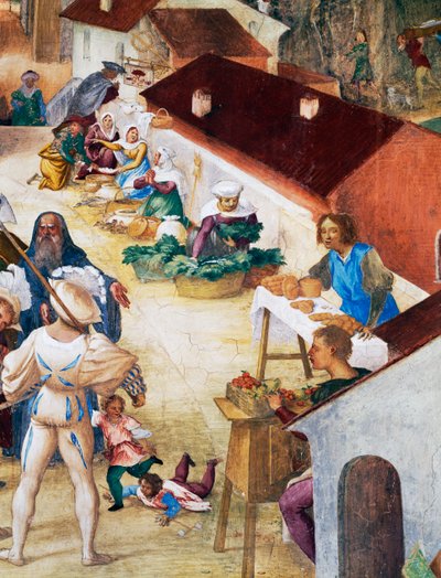 兵士、農民、市場、「Stories of Saint Barbara」の詳細 作： Lorenzo Lotto