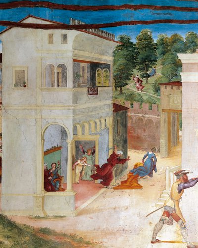 父に襲われた聖バルバラ、ロレンツォ・ロット（1480年頃～1556年）作「聖バルバラのキリスト-ブドウと伝説」のフレスコ画、細部、スアルディ荘、スアルディのカペラ、トレスコア・バルネアリオ 作： Lorenzo Lotto