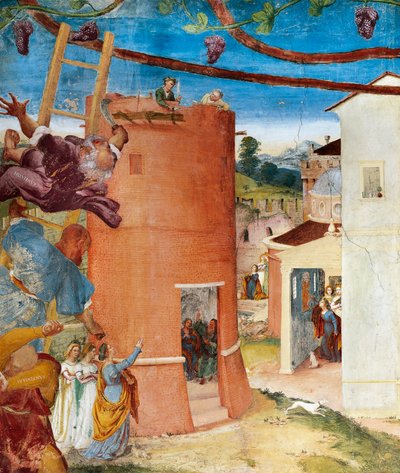 塔の中の聖バルバラ、ロレンツォ・ロット（1480年頃～1556年）作「聖バルバラのキリスト-ブドウと伝説」より、フレスコ画、細部、スアルディ荘、スアルディ城、トレスコーレ・バルネアリオ 作： Lorenzo Lotto