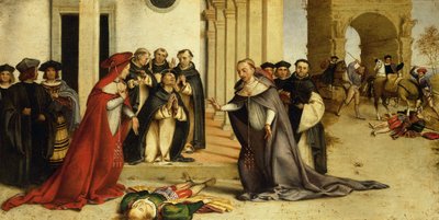 ナポレオン・オルシーニを蘇らせる聖ドミニコ ロレンツォ・ロット（1480年頃～1556年）作 パネルに油彩 51,8x97,5 cm 作： Lorenzo Lotto