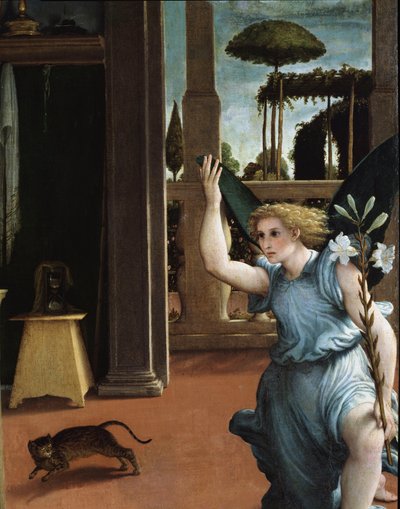 受胎告知、天使のディテール 作： Lorenzo Lotto