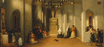 ロレンツォ・ロット（1480年頃～1556年）の「聖ルチアの祭壇画」または「裁判官の前の聖ルチア」のプレデラの最初のパネル「聖ルチアの召喚」、パネルに油彩、32x69cm。 作： Lorenzo Lotto