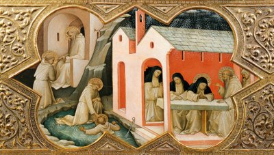 聖母の戴冠式（インコロナツィオーネ・デッラ・ヴェルジーネ）の祭壇画。ヌルシアの聖ベネディクトの生涯の場面を表すディテール 作： Lorenzo Monaco