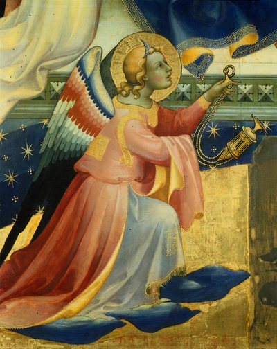 Polvistuva enkeli, yksityiskohta Lorenzo Monacon (noin 1370-1425) Neitsyt kruunaamisen keskipaneelista, paneelissa tempera ja kulta, 506x447, 5 cm 作： Lorenzo Monaco