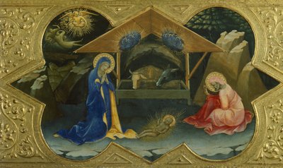 キリスト降誕、ロレンツォ・モナコ作「聖母戴冠式」のプレデラの場面（1370～1425年頃）、パネルにテンペラ、32x53 cm 作： Lorenzo Monaco