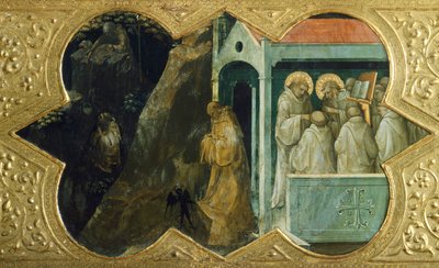 一貫して悪魔と聖ベルナルディーノに誘惑される聖ベネディクト、ロレンツォ・モナコによる聖母戴冠式のプレデッラの詳細（1370-1423）、パネル上のテンペラ、450x350 cm、フィレンツェのサンタ・マリア・デッリ・アンジェリ修道院の高祭壇用のポリプティク 作： Lorenzo Monaco