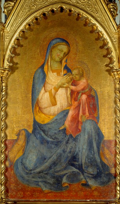 聖母と子」。ロレンツォ・モナコ（1365/70-1425）による絵画。薄さ：0.92×0.54m。 作： Lorenzo Monaco