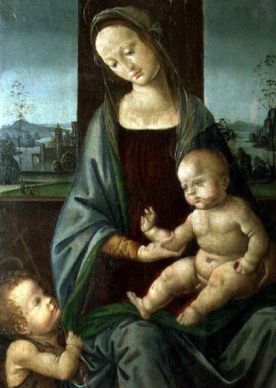 聖母子像と幼子（洗礼者聖ヨハネ 作： Lorenzo di (workshop of) Credi
