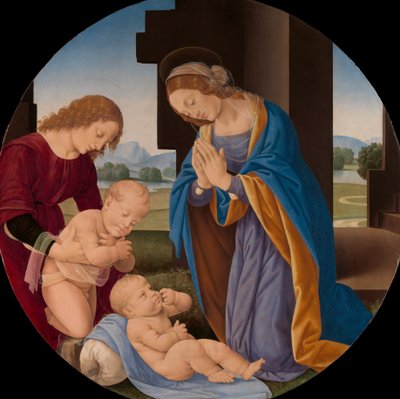 1490年代初頭、幼児と洗礼者聖ヨハネと天使の子を崇拝するマドンナ。 作： Lorenzo di Credi