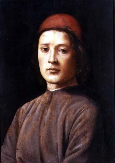赤い帽子をかぶった青年の肖像」（油彩・パネル 作： Lorenzo di Credi