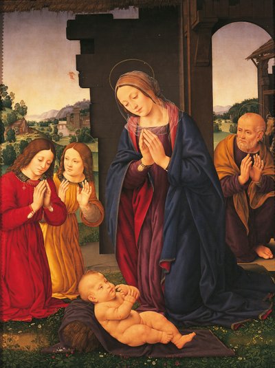子供と天使の崇拝、ロレンツォ・ディ・クレディ（1459-1536）作、キャンバスにテンペラ 作： Lorenzo di Credi