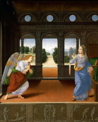 受胎告知と創世記からの3つの物語 1480-85年頃 （木版パネルにテンペラ 作： Lorenzo di Credi