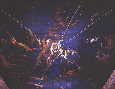 女神ダイアナが戦車に乗っており、その周りには星座が描かれている（Sala dello Zodiacoより 作： Lorenzo the Younger Costa